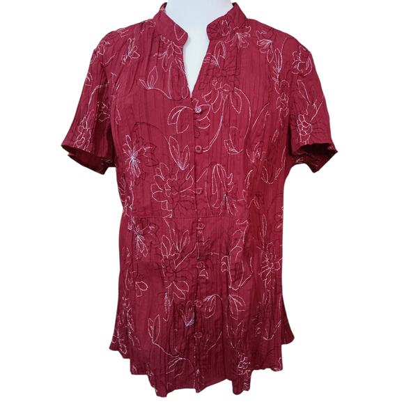 ST. JOHN'S BAY Crinkle Short Sleeve Blouse Top Plus 1X Red Floral‎ Career Travel - Picture 5 of 9